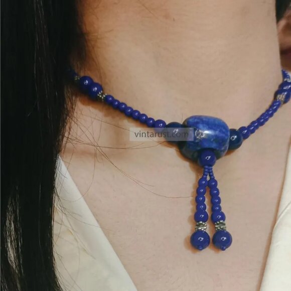 Handmade Lapis Lazuli Beaded Necklace: Boho Tassel Statement Jewelry - Picture 2 of 5